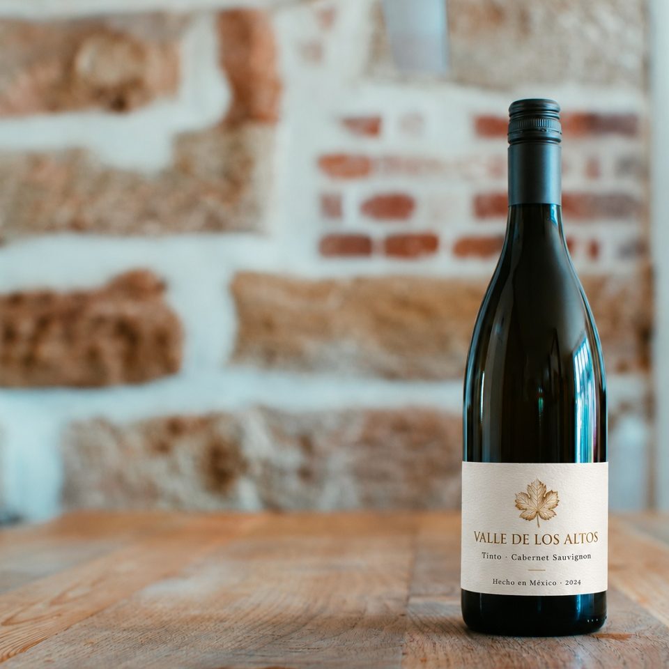 Etiqueta con barniz en botella de vino Valle de los Altos