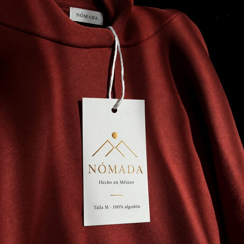 Etiqueta colgante con hot stamping dorado en sudadera Nómada