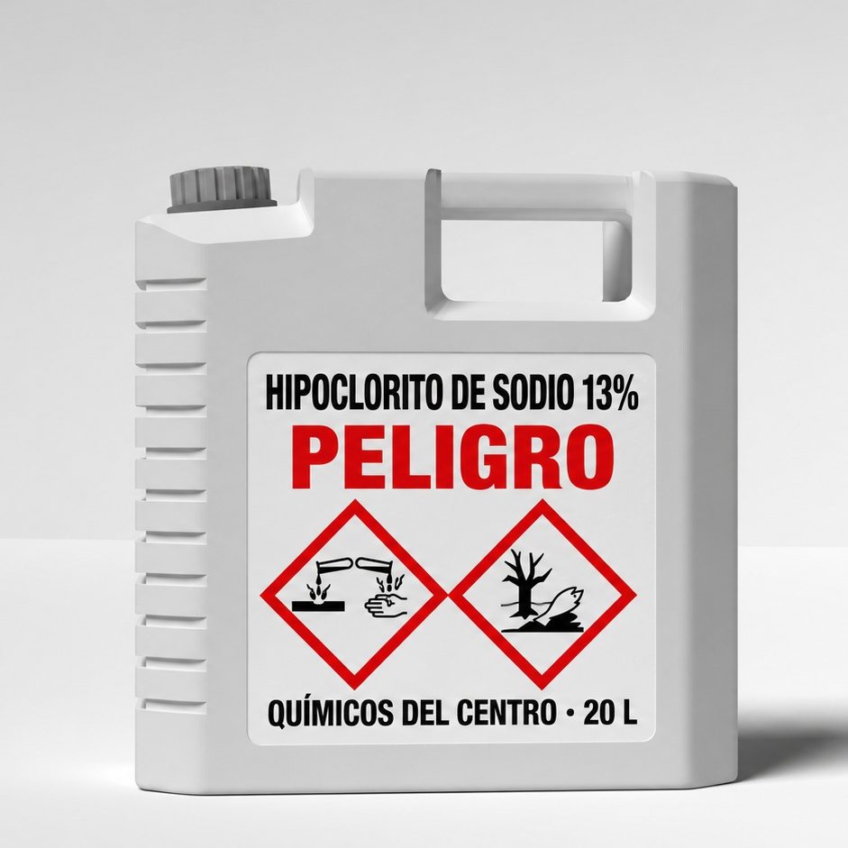 Detalle de etiqueta laminada en garrafa de producto químico