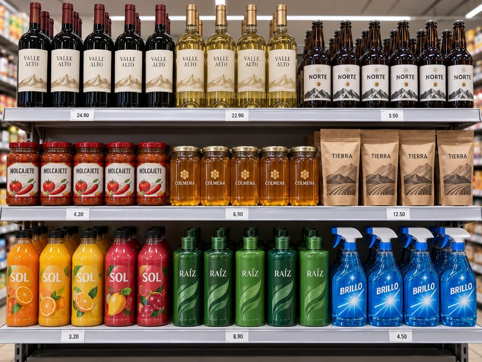 Anaquel de supermercado con productos etiquetados