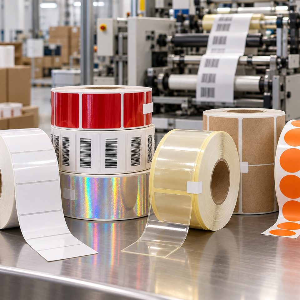 Rollos de etiquetas de transferencia térmica junto a la rebobinadora
