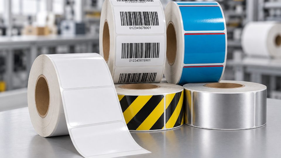 Rollos de etiquetas adheribles industriales apilados en pirámide