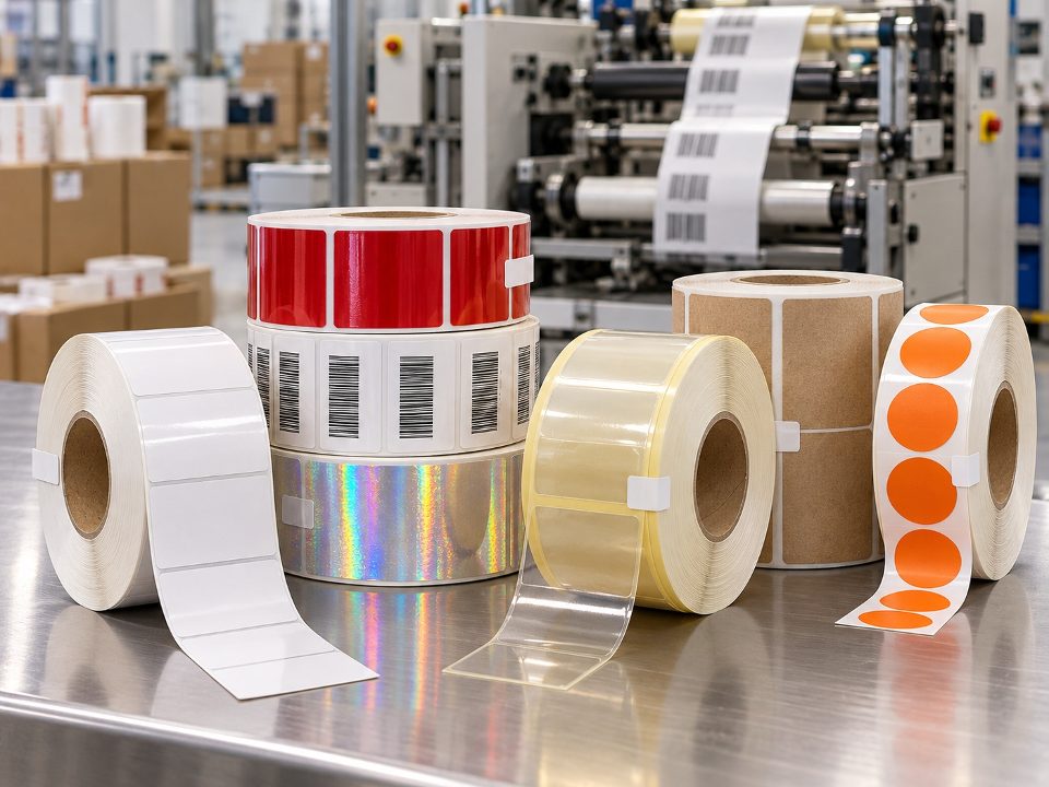 Rollos de etiquetas en rollo frente a una rebobinadora industrial