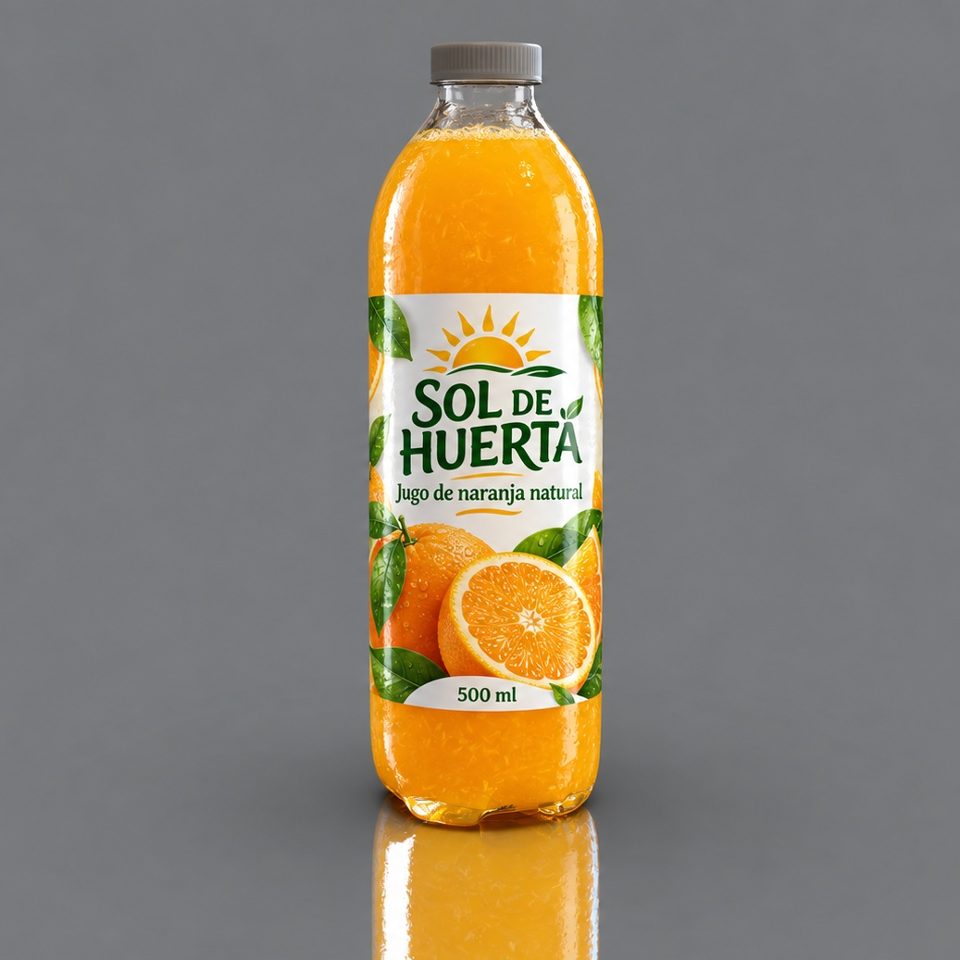 Etiqueta BOPP en botella de jugo de naranja Sol de Huerta