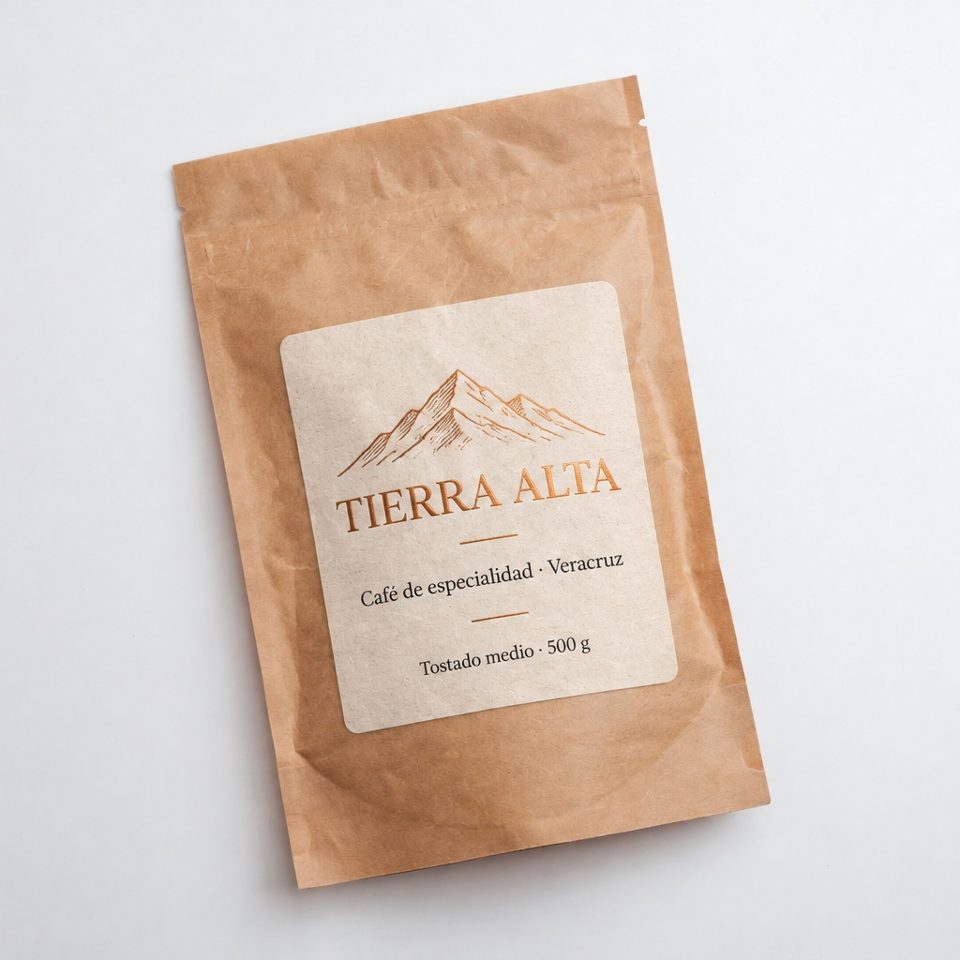 Etiqueta de papel kraft en bolsa de café Tierra Alta