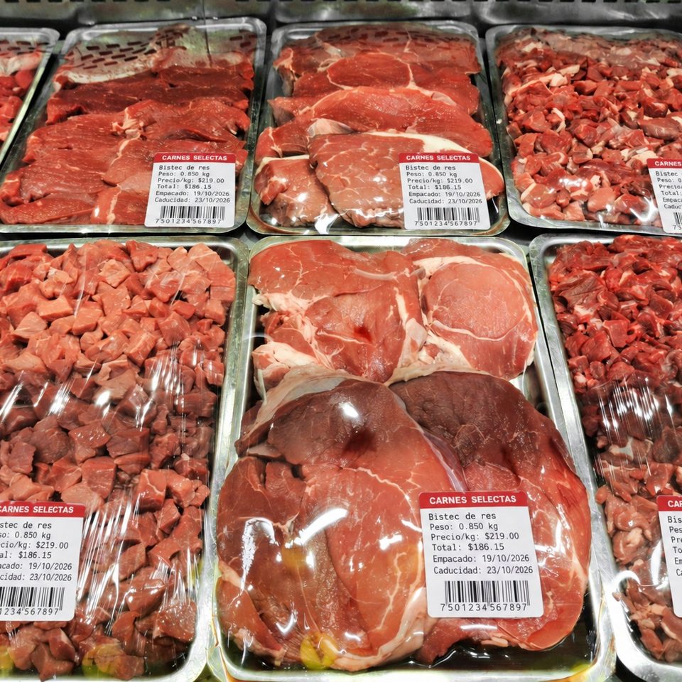 Etiquetas térmicas de peso y precio en charolas de carne
