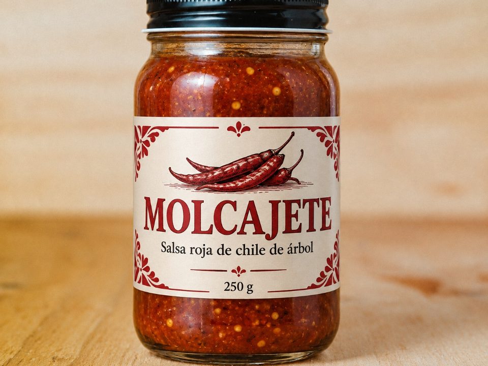 Etiqueta para alimentos en frasco de salsa roja Molcajete
