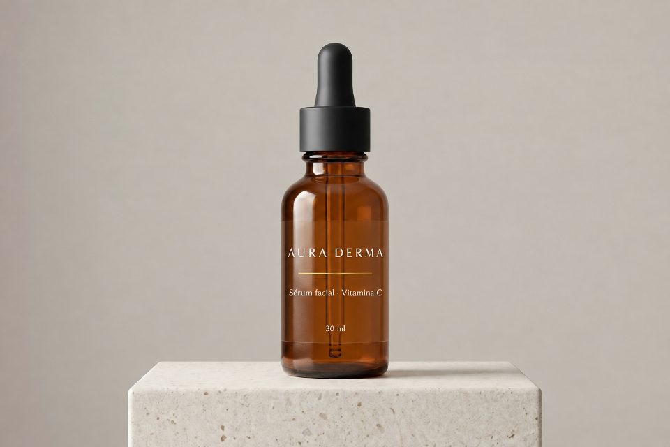 Etiqueta en frasco ámbar de sérum facial