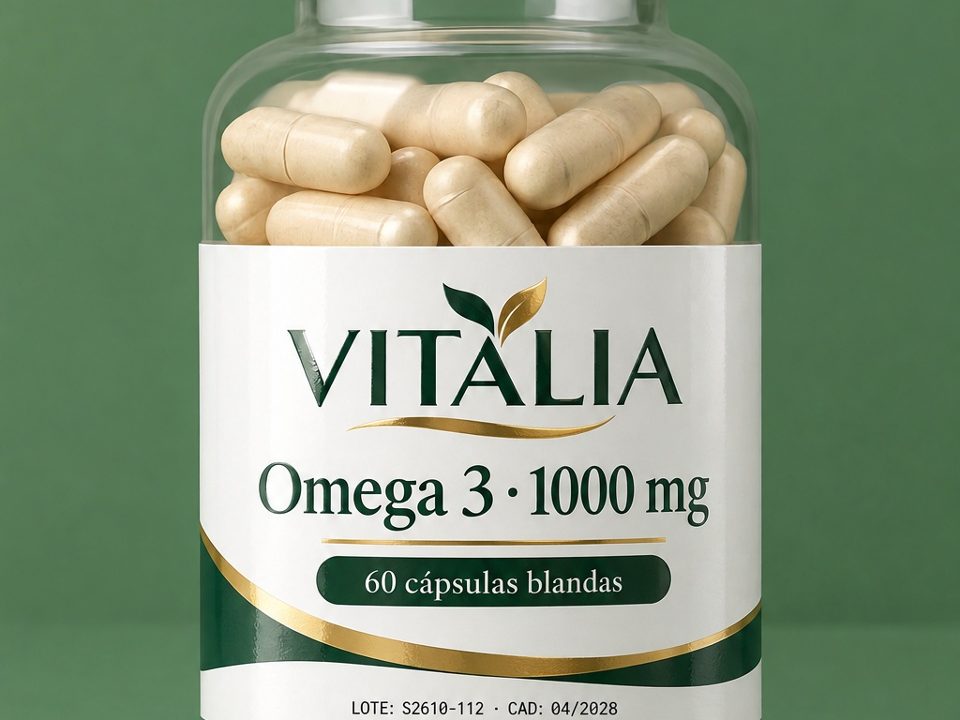 Etiqueta para suplementos con lote y caducidad en frasco de omega 3 Vitalia