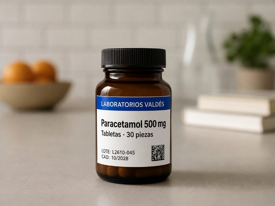 Etiqueta farmacéutica con lote, caducidad y código 2D en frasco de paracetamol