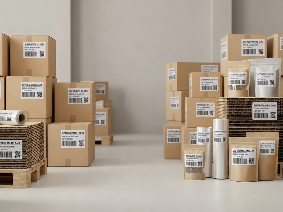 Etiquetas de embarque con código de barras en cajas de un almacén