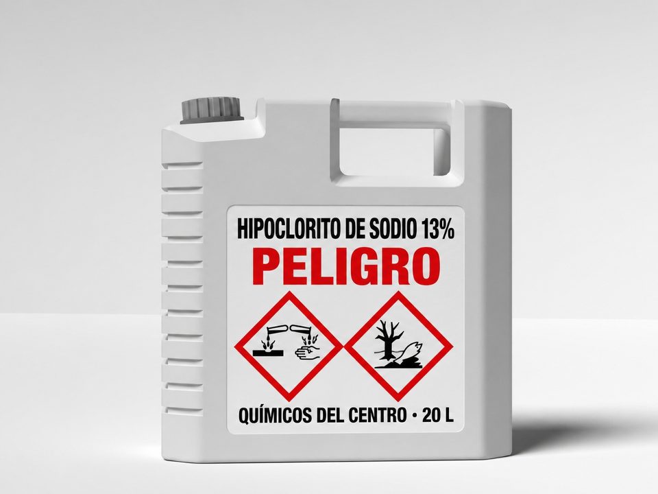 Etiqueta con pictogramas SGA en garrafa de hipoclorito de sodio